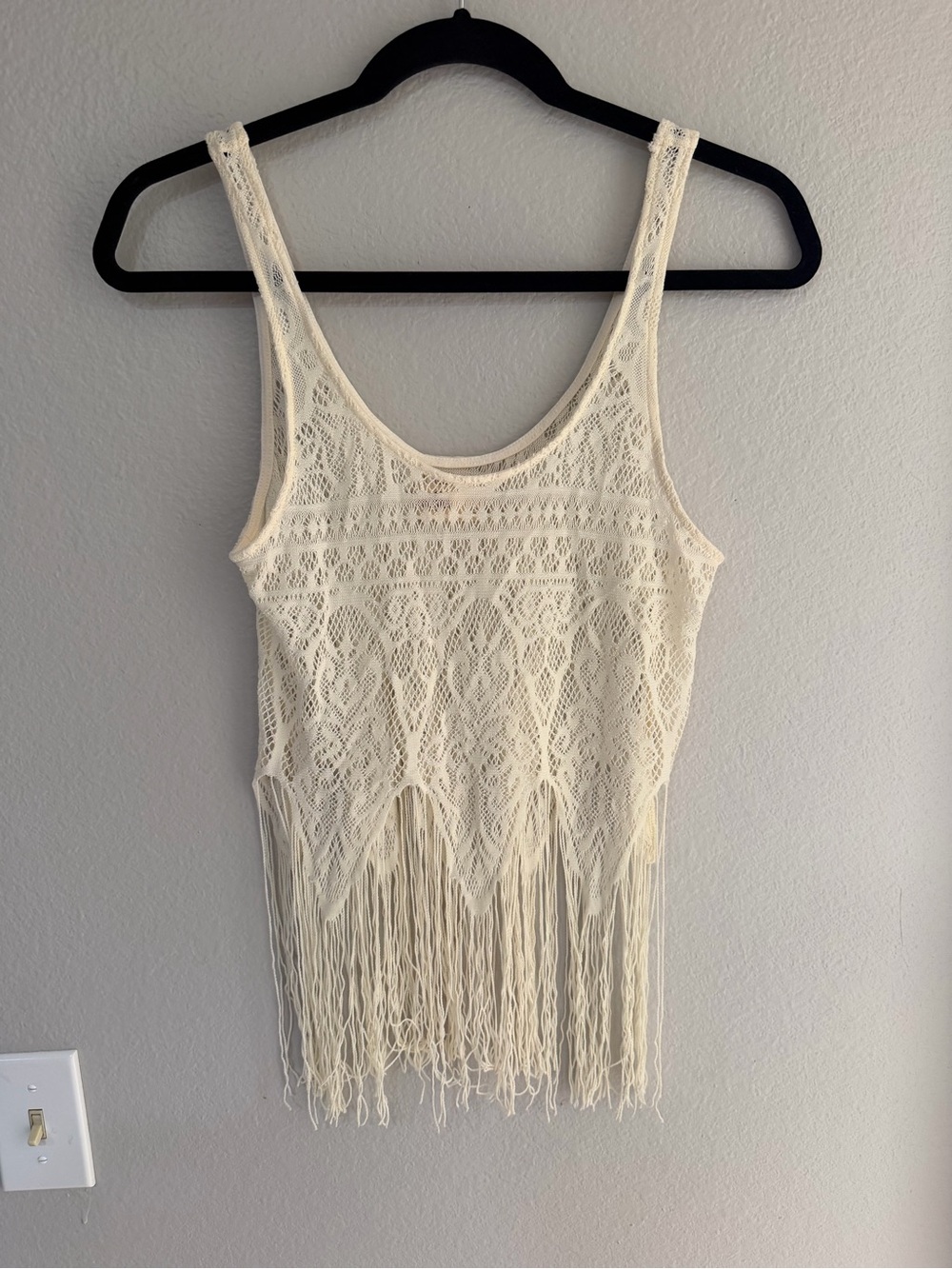 Hollister - Crocheted Top - Boho Tank - Fringe - Crop - White - Small - Lace